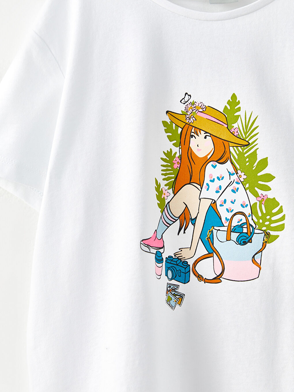 Beyaz Bisiklet Yaka Baskılı Kısa Kollu Pamuklu Kız Çocuk Tişört-1