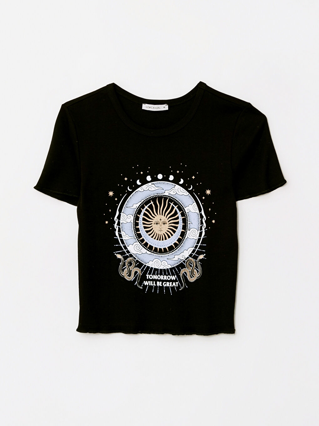 Siyah Bisiklet Yaka Baskılı Kısa Kollu Crop Pamuklu Kadın Tişört-4