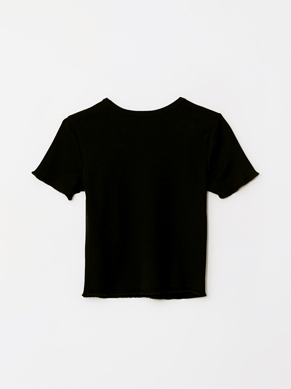 Siyah Bisiklet Yaka Baskılı Kısa Kollu Crop Pamuklu Kadın Tişört-5