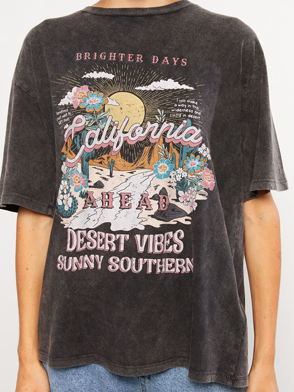 Siyah Bisiklet Yaka Baskılı Kısa Kollu Pamuklu Kadın Tişört-3