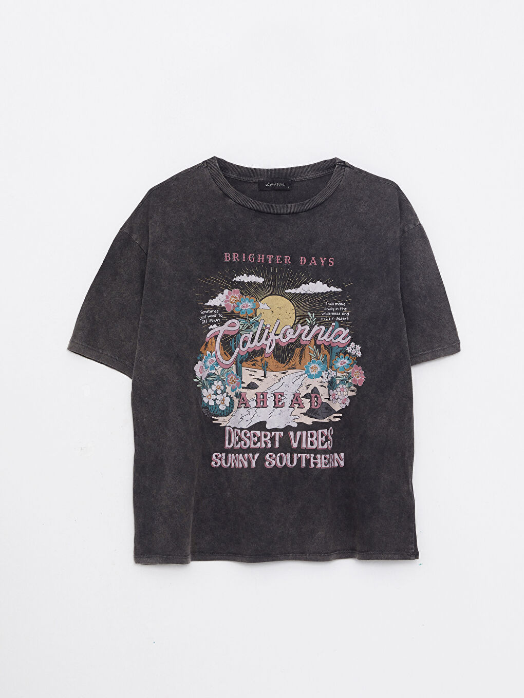 Siyah Bisiklet Yaka Baskılı Kısa Kollu Pamuklu Kadın Tişört-5