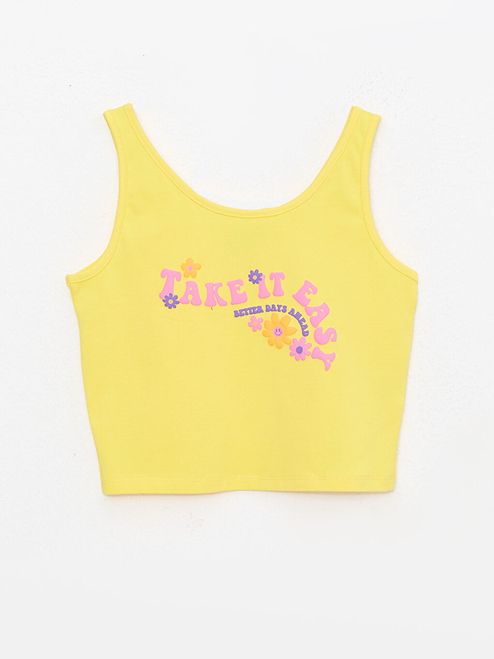 Sarı U Yaka Baskılı Pamuklu Kız Çocuk Atlet