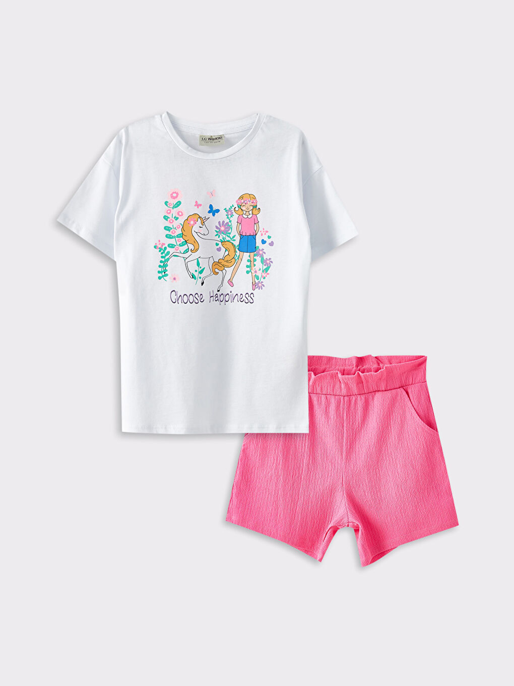 Beyaz Bisiklet Yaka Baskılı Kısa Kollu Kız Çocuk Tişört ve Şort