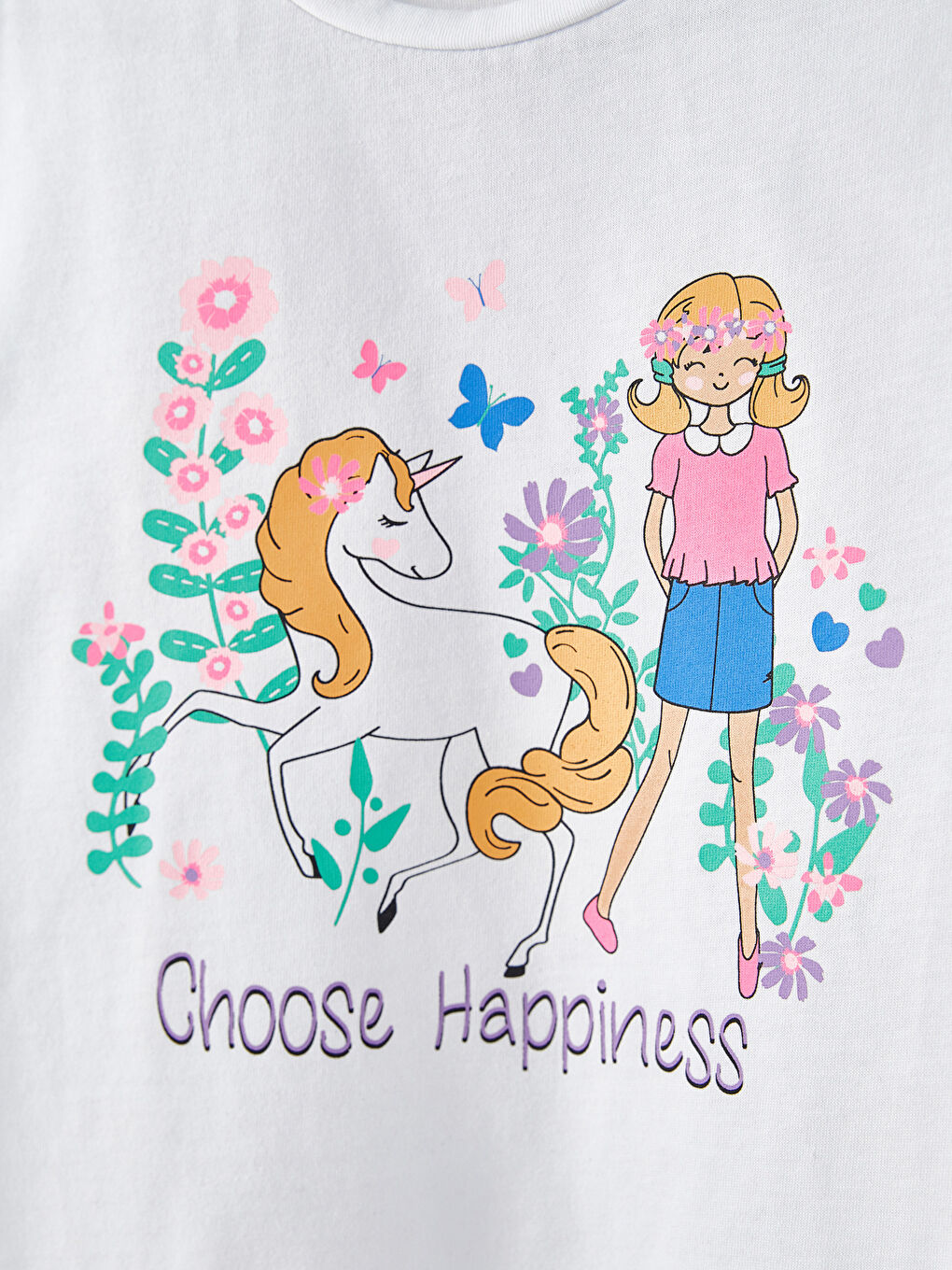 Beyaz Bisiklet Yaka Baskılı Kısa Kollu Kız Çocuk Tişört ve Şort-2