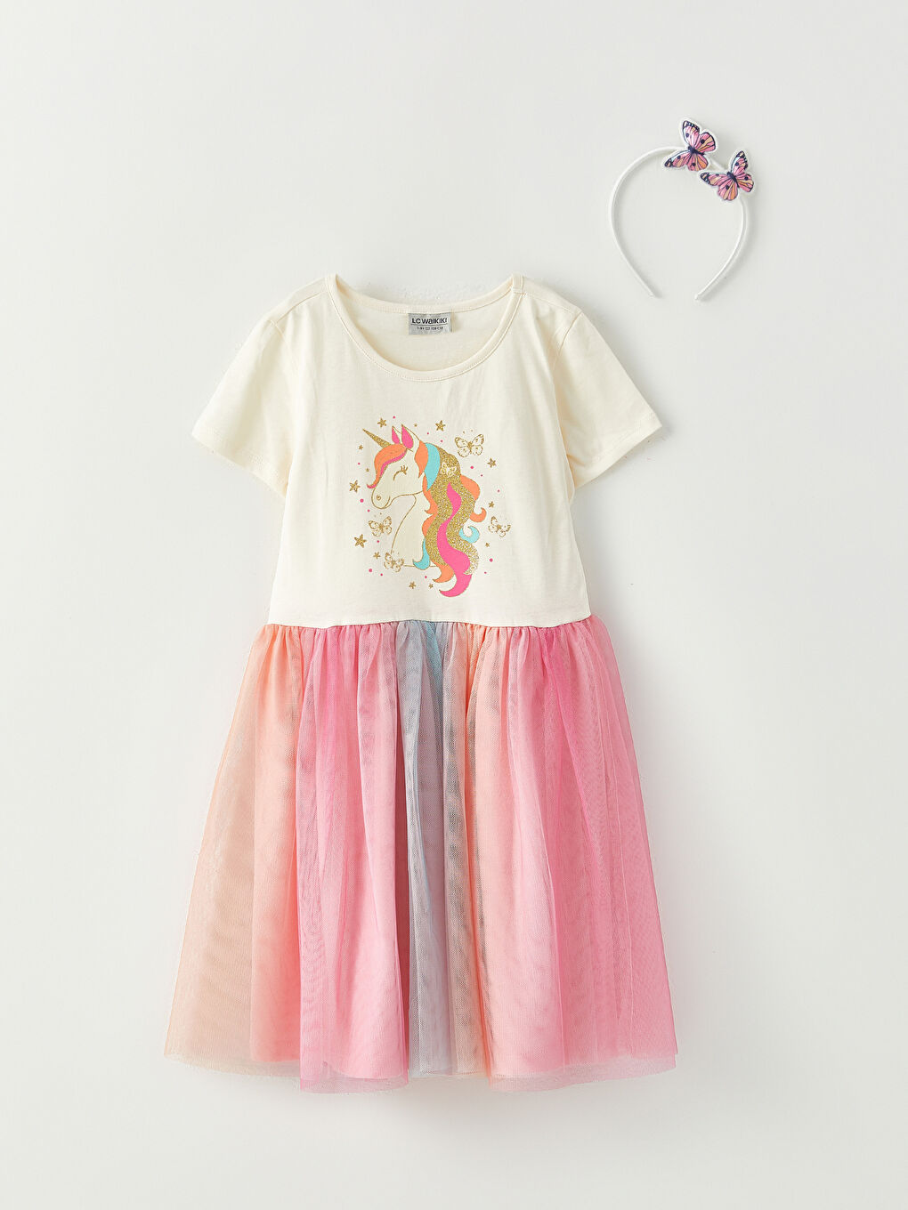 فستان بناتي برقبة دائرية مطبوع بأكمام قصيرة وعصابة رأس