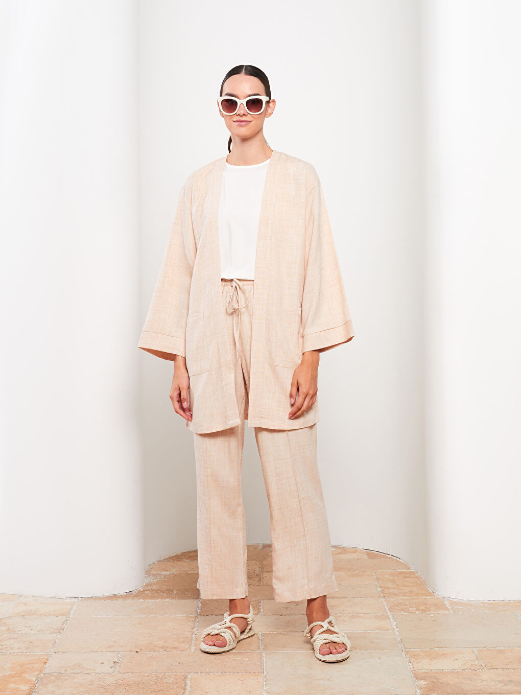 Bej Şal Yaka Kadın Kimono-1