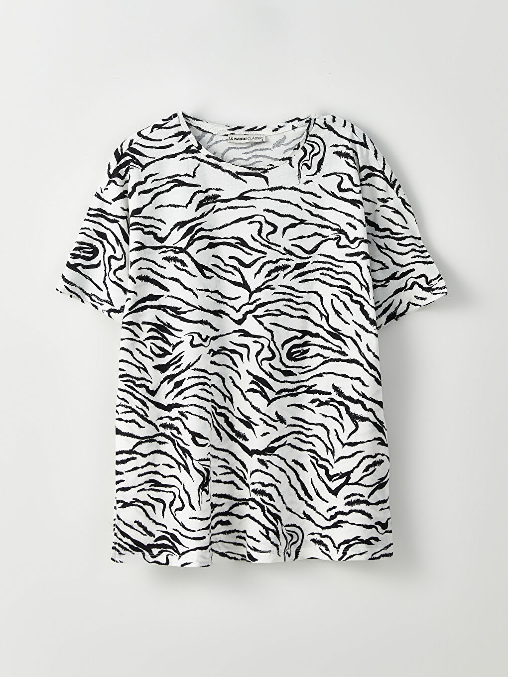 Ekru Bisiklet Yaka Desenli Kısa Kollu Pamuklu Kadın Tişört-6