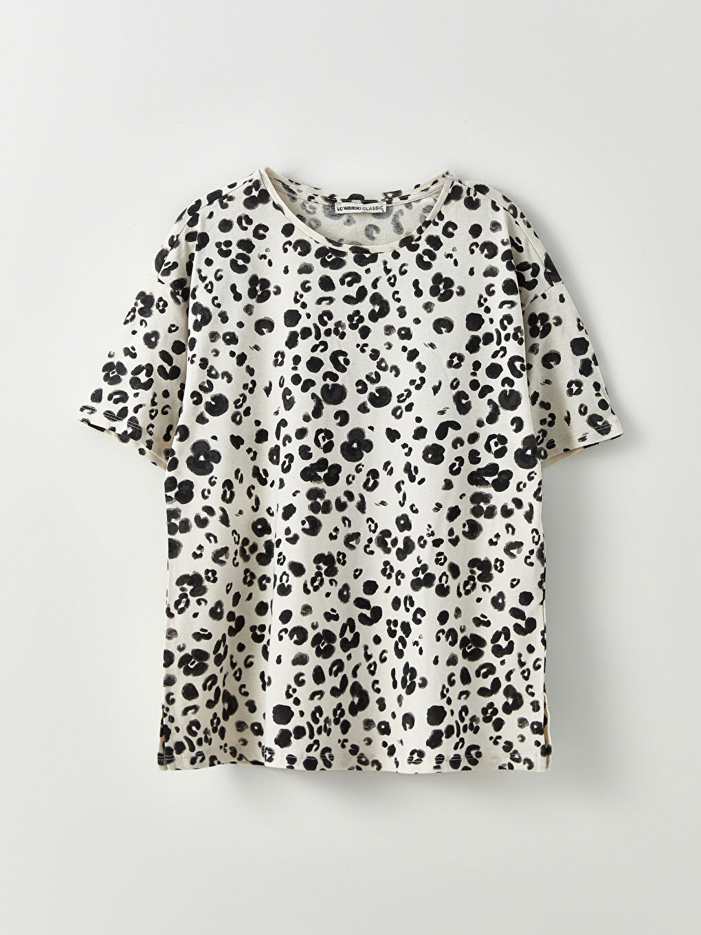 Bej Bisiklet Yaka Desenli Kısa Kollu Pamuklu Kadın Tişört-5