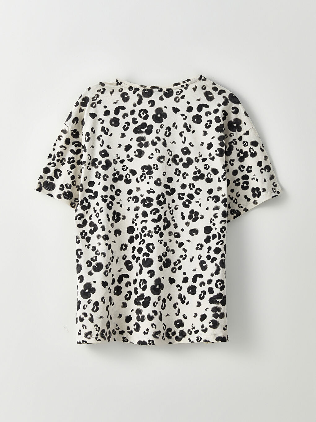Bej Bisiklet Yaka Desenli Kısa Kollu Pamuklu Kadın Tişört-6