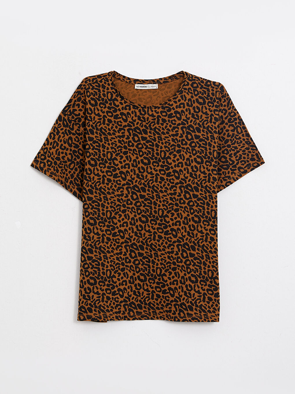 Kahverengi Bisiklet Yaka Desenli Kısa Kollu Pamuklu Kadın Tişört-4