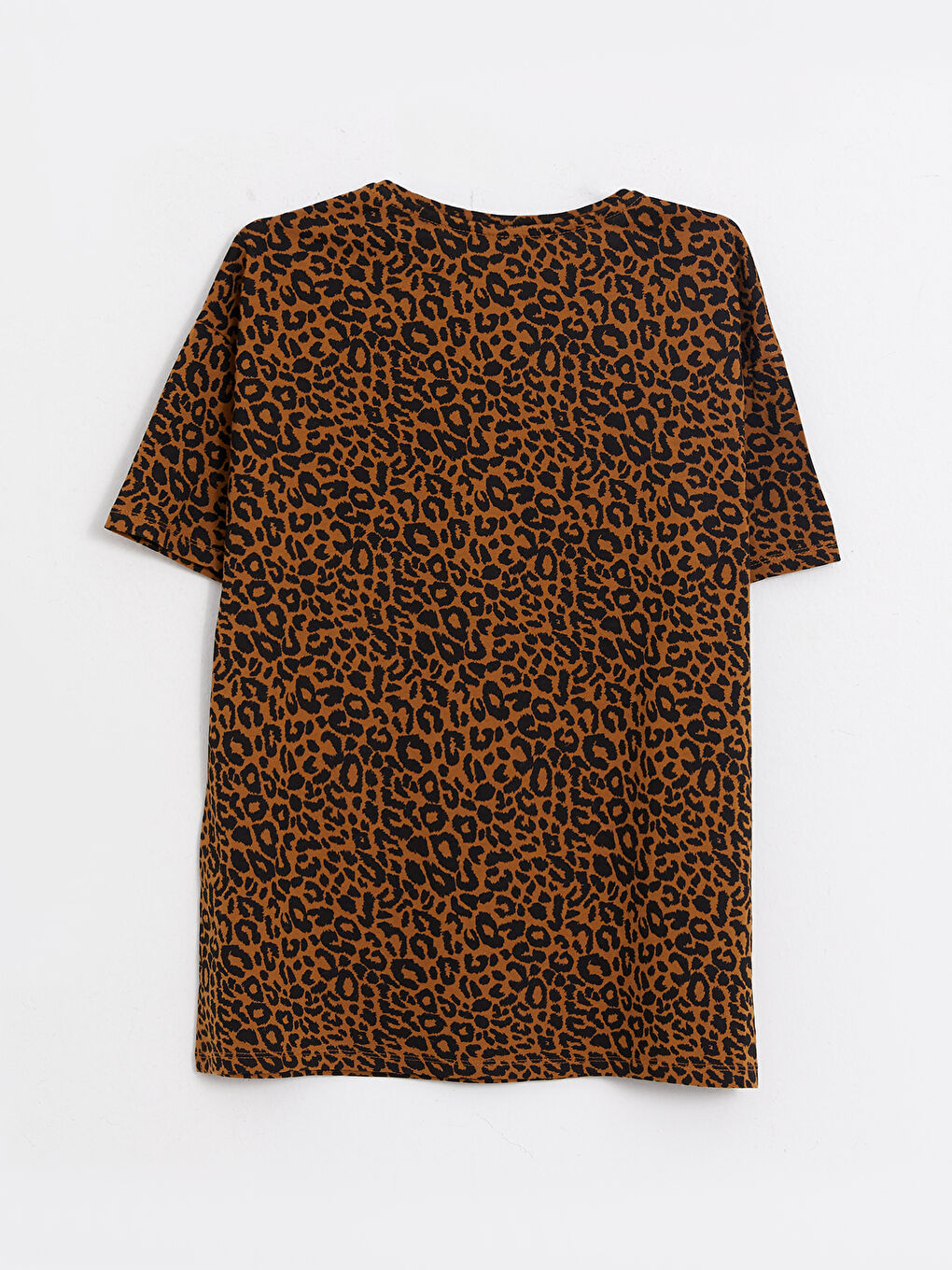 Kahverengi Bisiklet Yaka Desenli Kısa Kollu Pamuklu Kadın Tişört-5