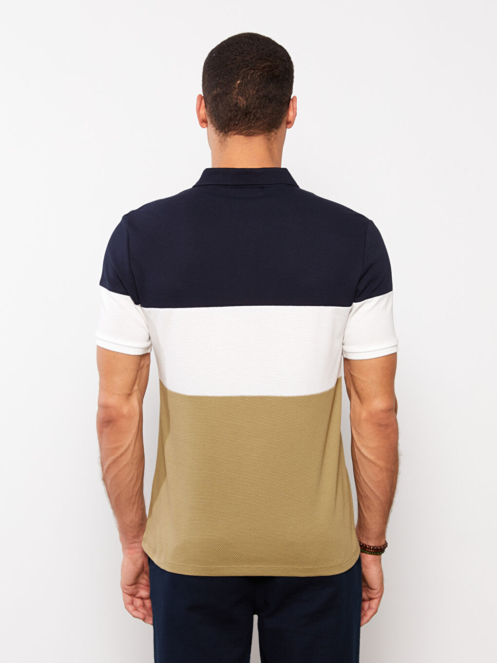 Haki Polo Yaka Kısa Kollu Renk Bloklu Erkek Tişört-4