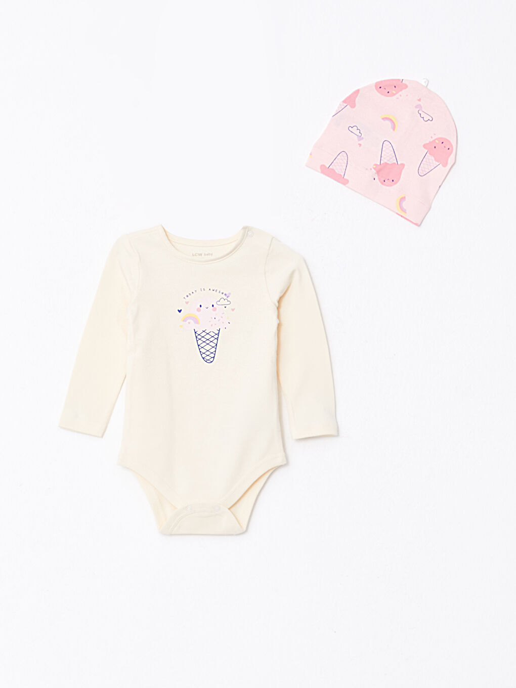 Ekru Bisiklet Yaka Uzun Kollu Baskılı Kız Bebek 3'lü Takım-1