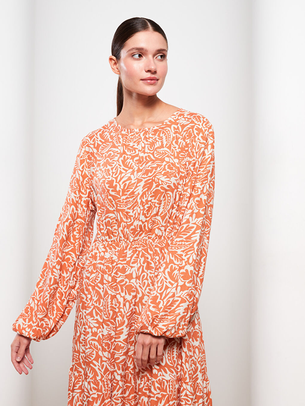 Crew Neck Patterned Long Sleeve Viscose Women's Dress -S2MT25Z8-KTU