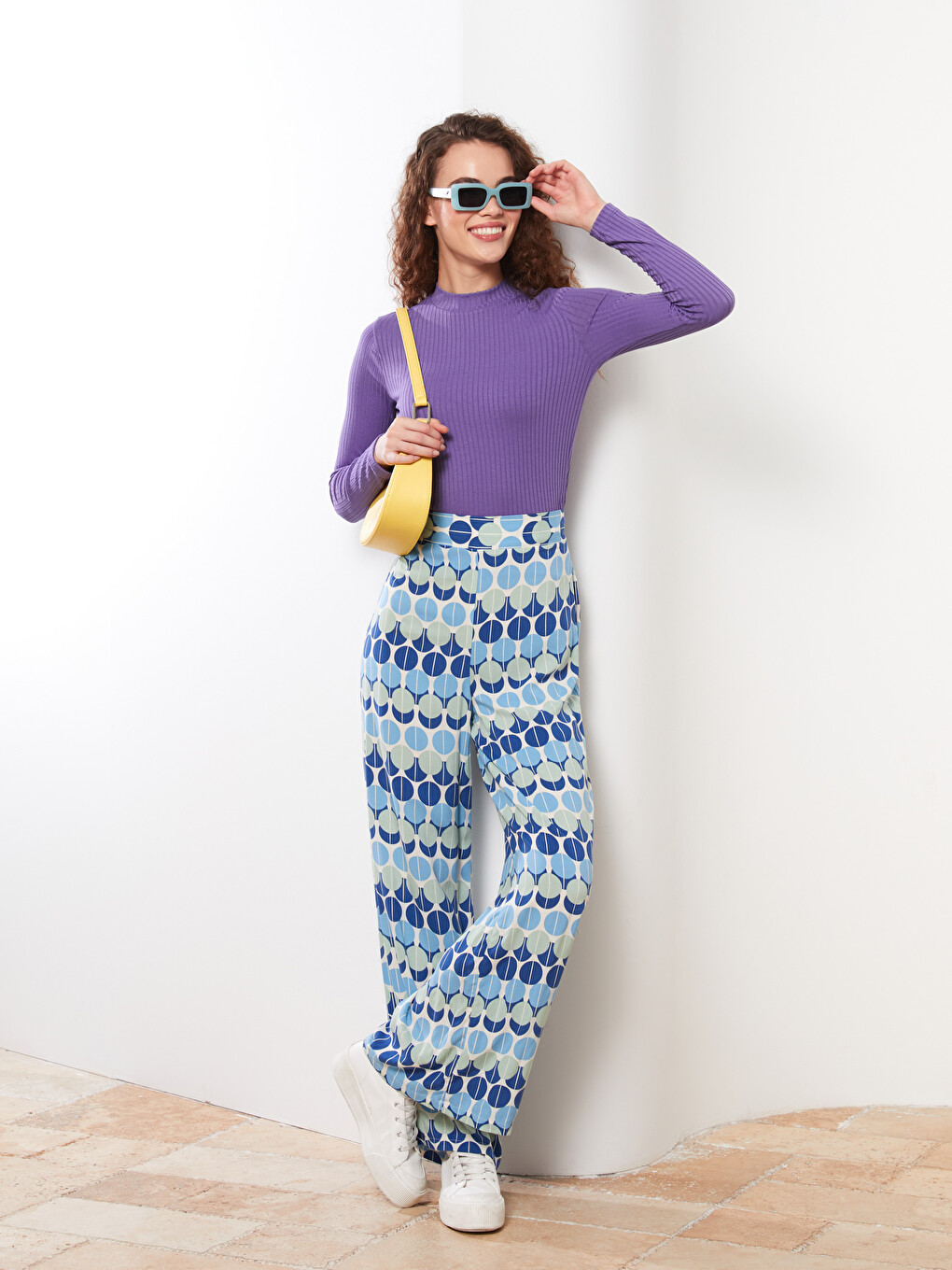 Elastic Waist Standard Fit Patterned Viscose Women's Trousers