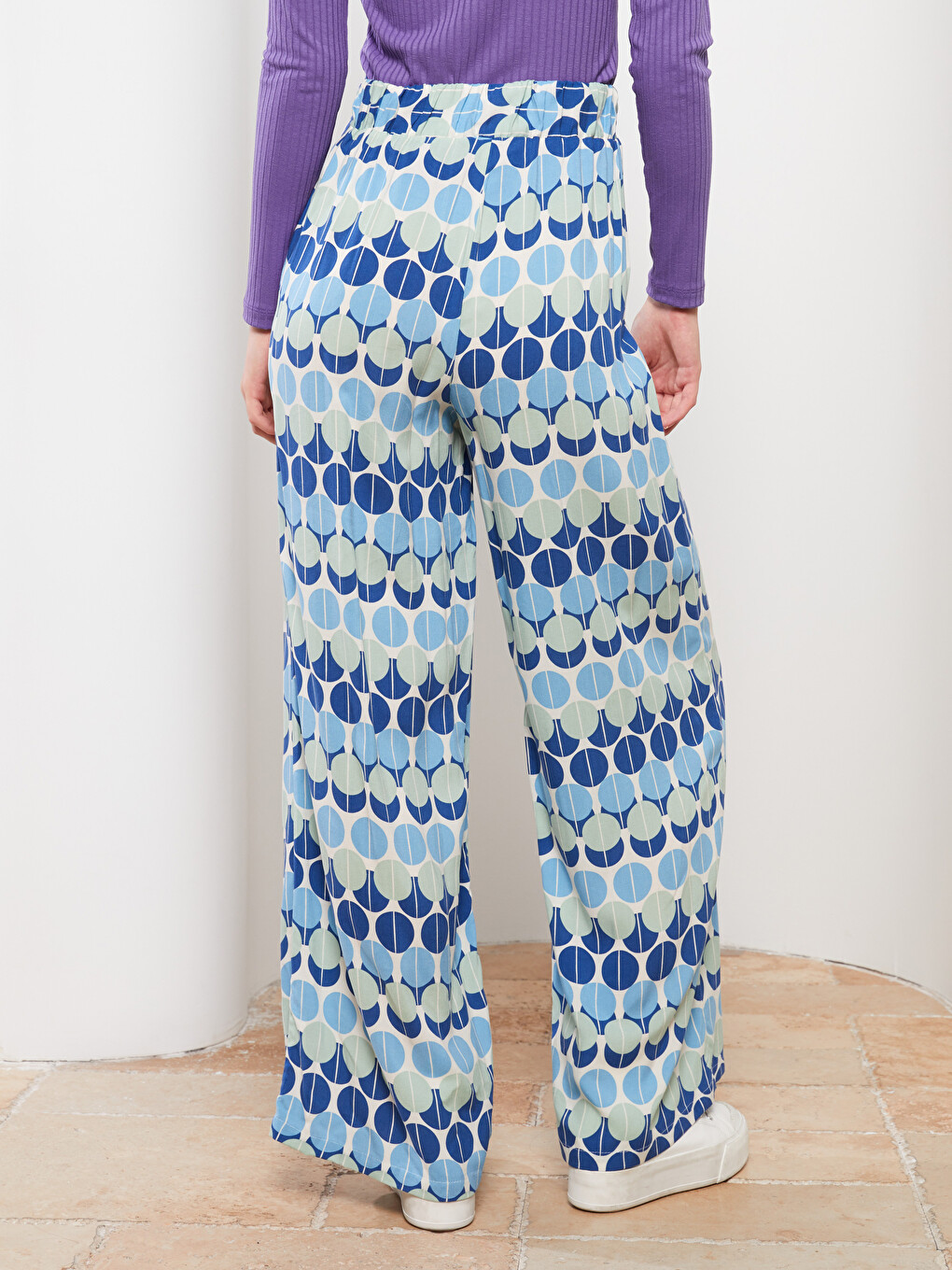 Elastic Waist Standard Fit Patterned Viscose Women's Trousers-4