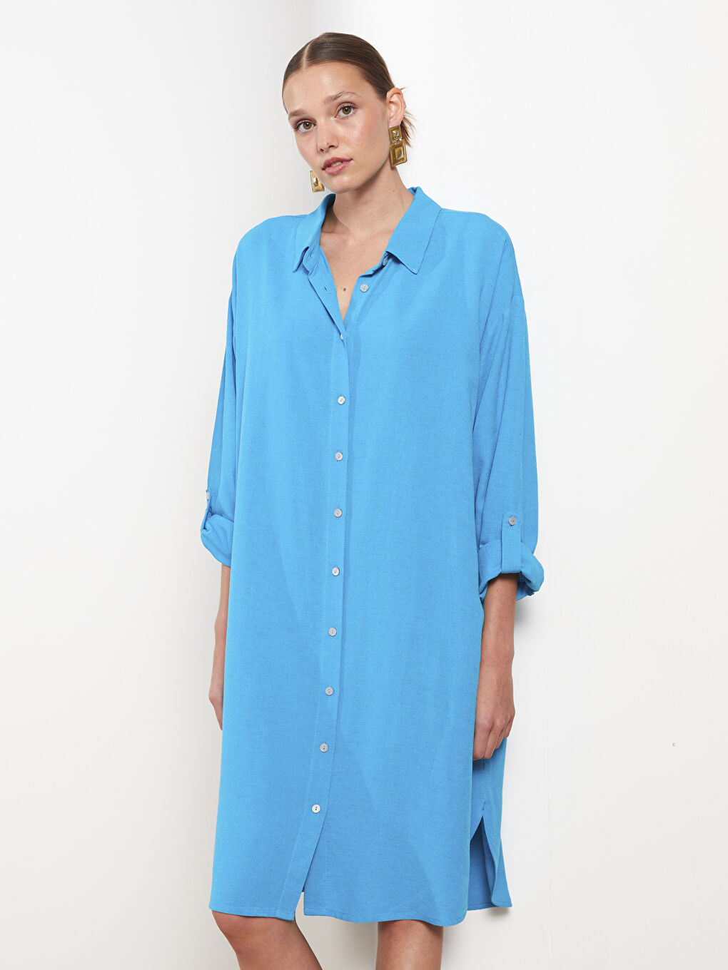 Turkuaz Düz Uzun Kollu Kadın Gömlek Elbise