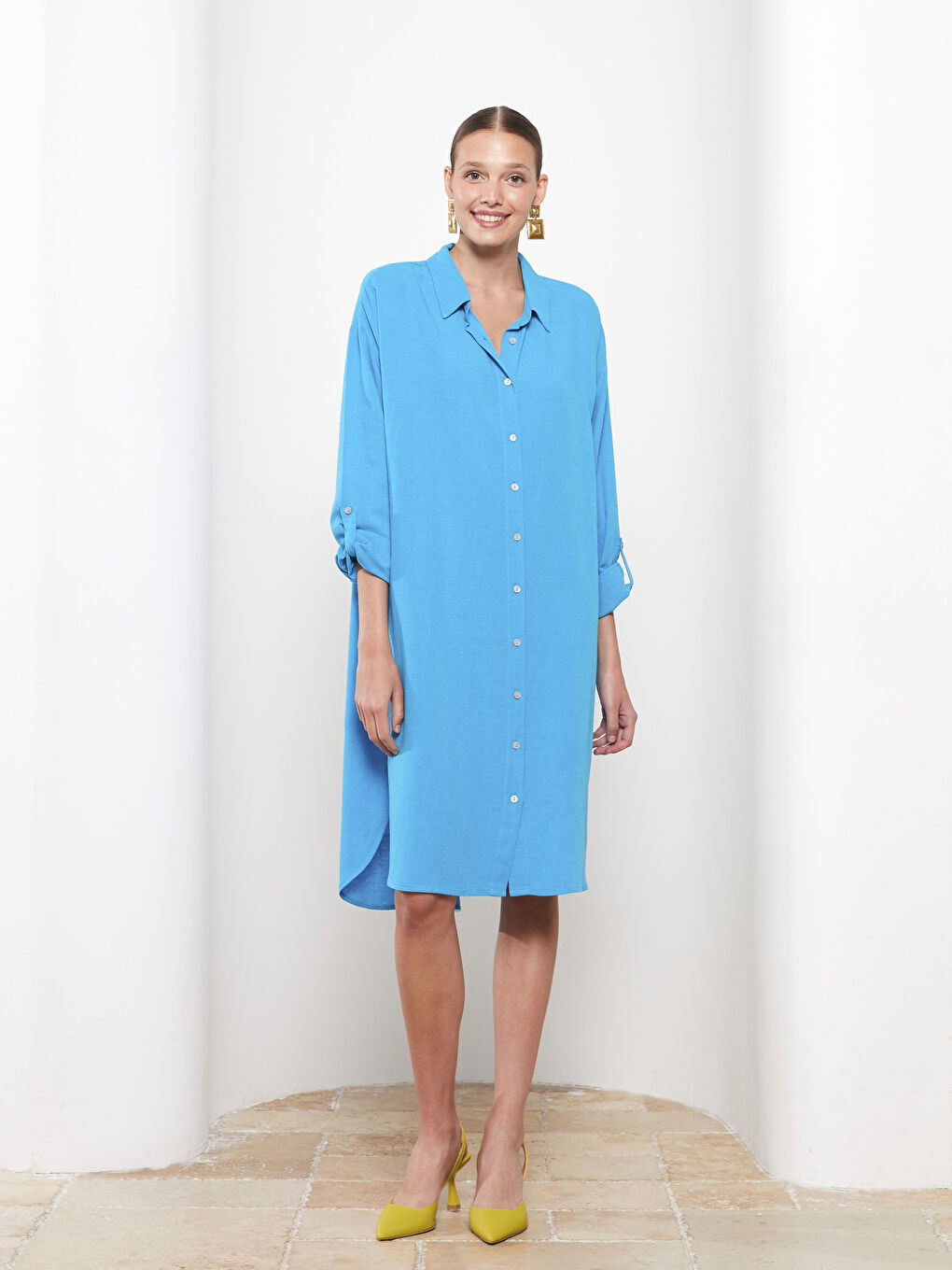 Turkuaz Düz Uzun Kollu Kadın Gömlek Elbise-1