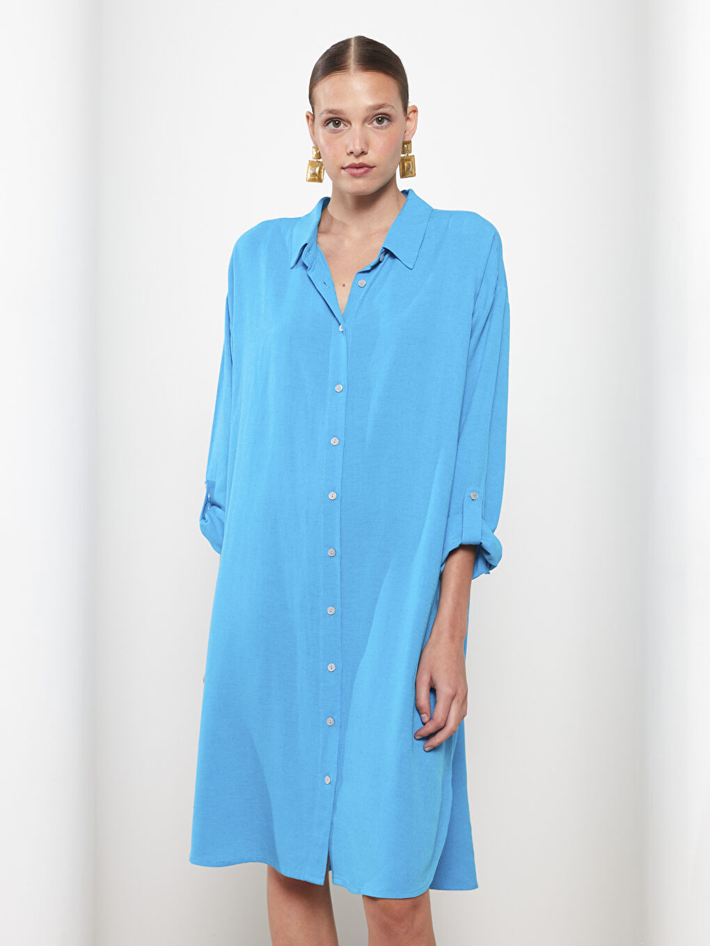 Turkuaz Düz Uzun Kollu Kadın Gömlek Elbise-2