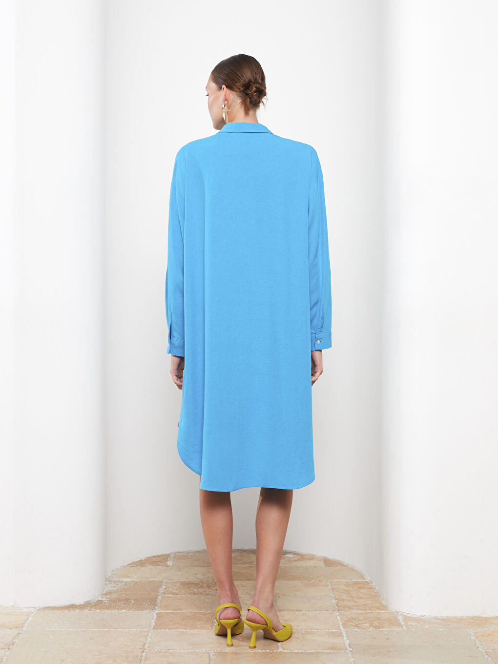 Turkuaz Düz Uzun Kollu Kadın Gömlek Elbise-4