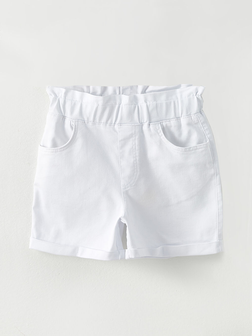 Beyaz Beli Lastikli Basic Gabardin Kız Çocuk Şort-2