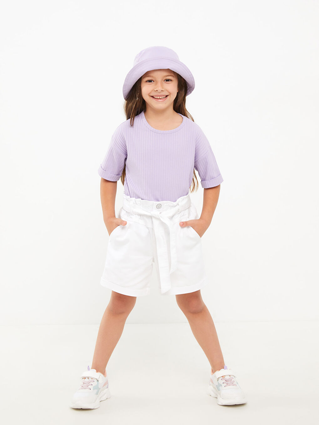 Lila Bisiklet Yaka Basic Kısa Kollu Kız Çocuk Tişört-2