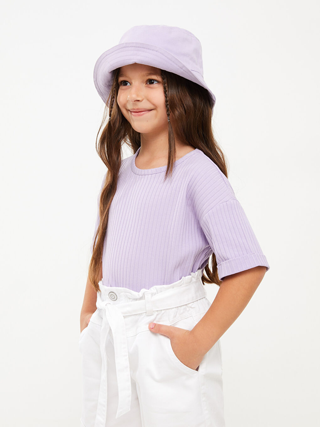 Lila Bisiklet Yaka Basic Kısa Kollu Kız Çocuk Tişört