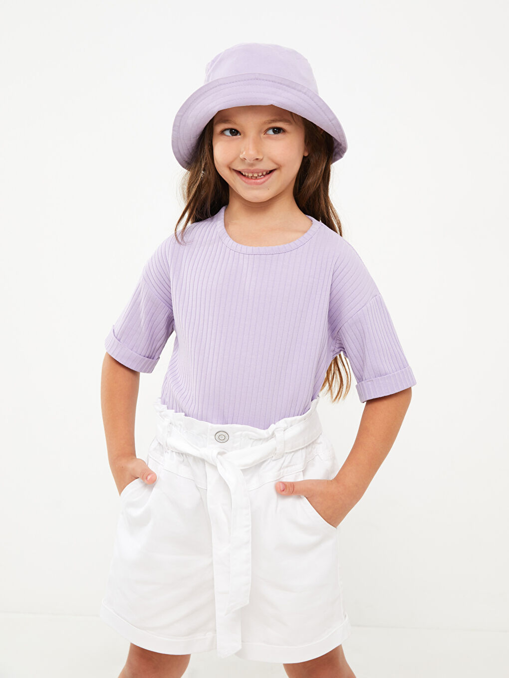 Lila Bisiklet Yaka Basic Kısa Kollu Kız Çocuk Tişört-1