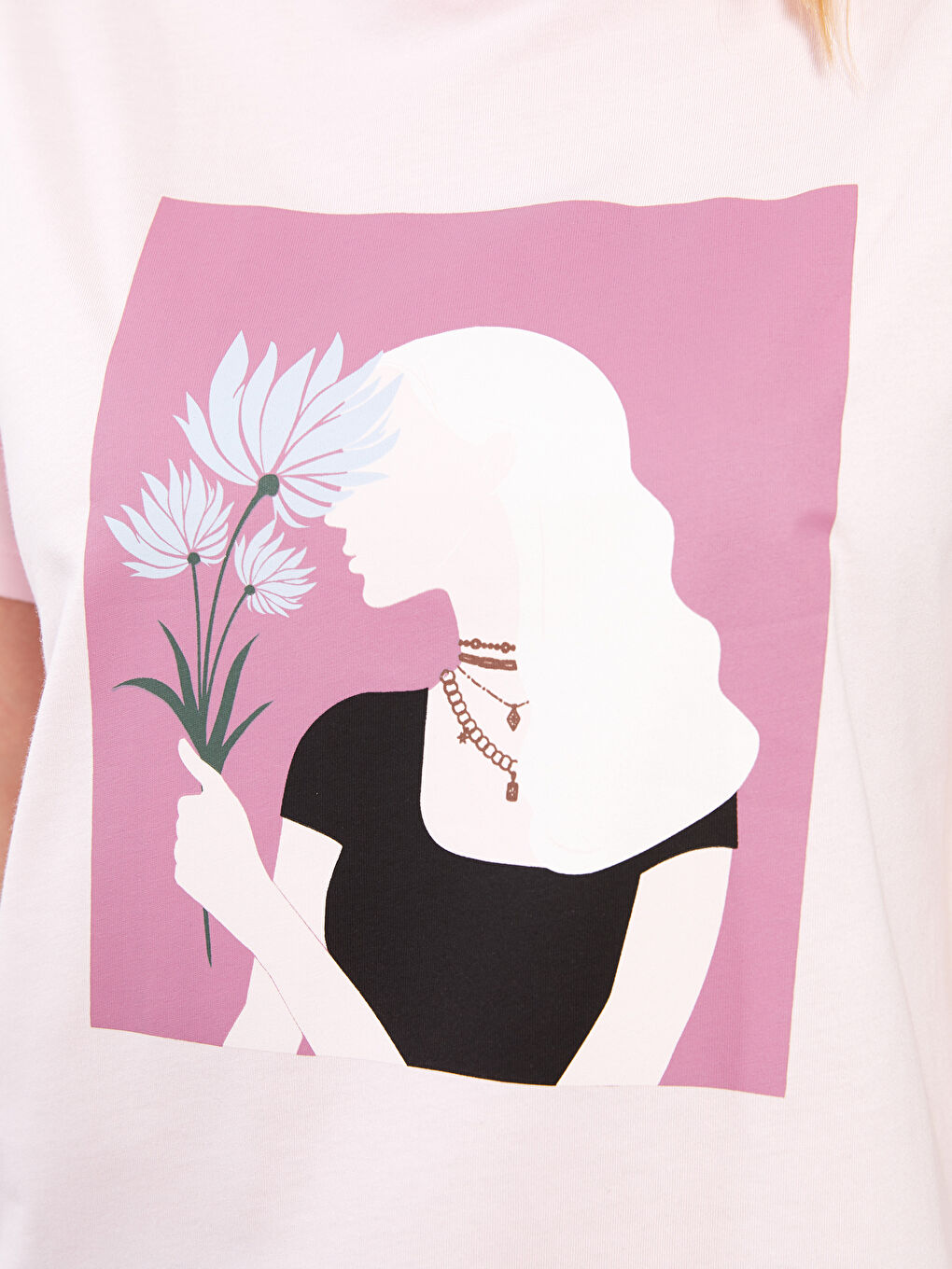 Pembe Bisiklet Yaka Baskılı Kısa Kollu Pamuklu Kadın Tişört-3