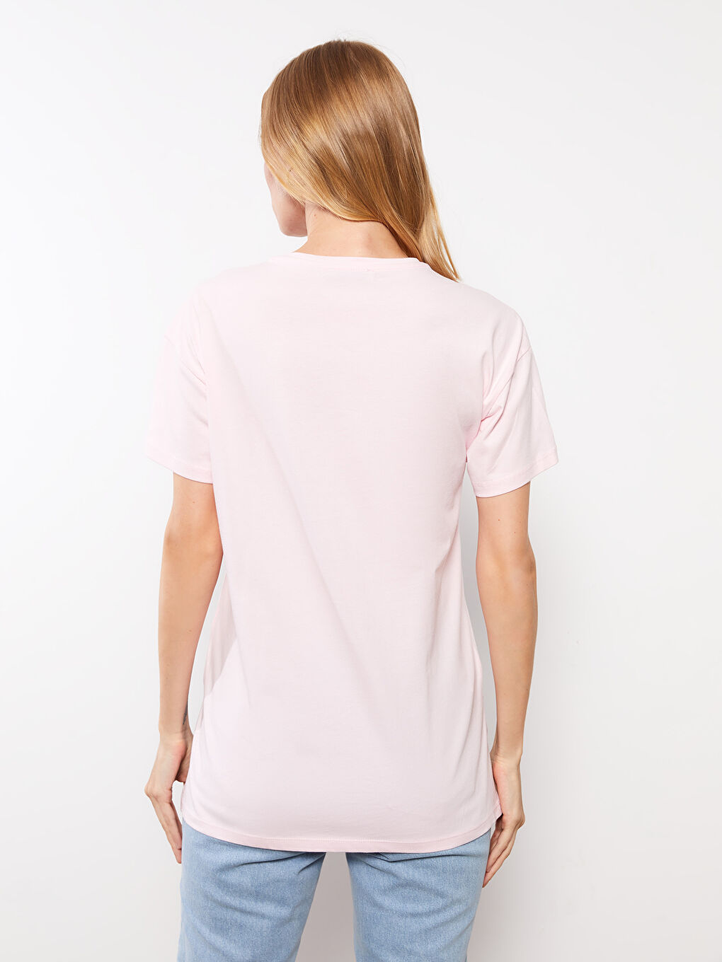 Pembe Bisiklet Yaka Baskılı Kısa Kollu Pamuklu Kadın Tişört-4