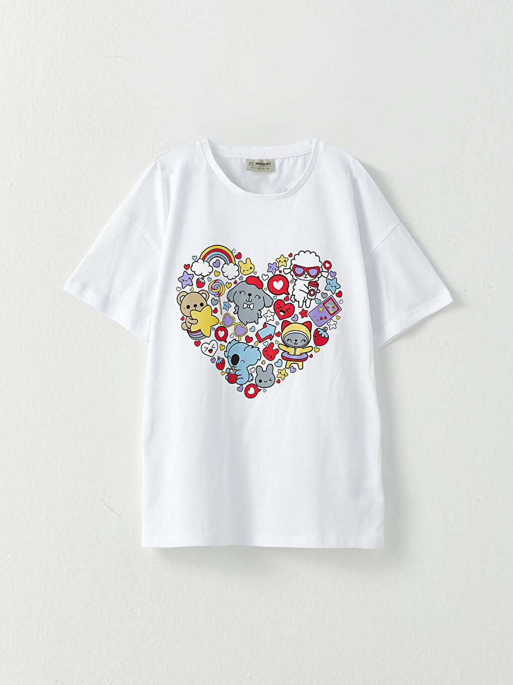 Beyaz Bisiklet Yaka Baskılı Kısa Kollu Kız Çocuk Tişört ve Tayt-1