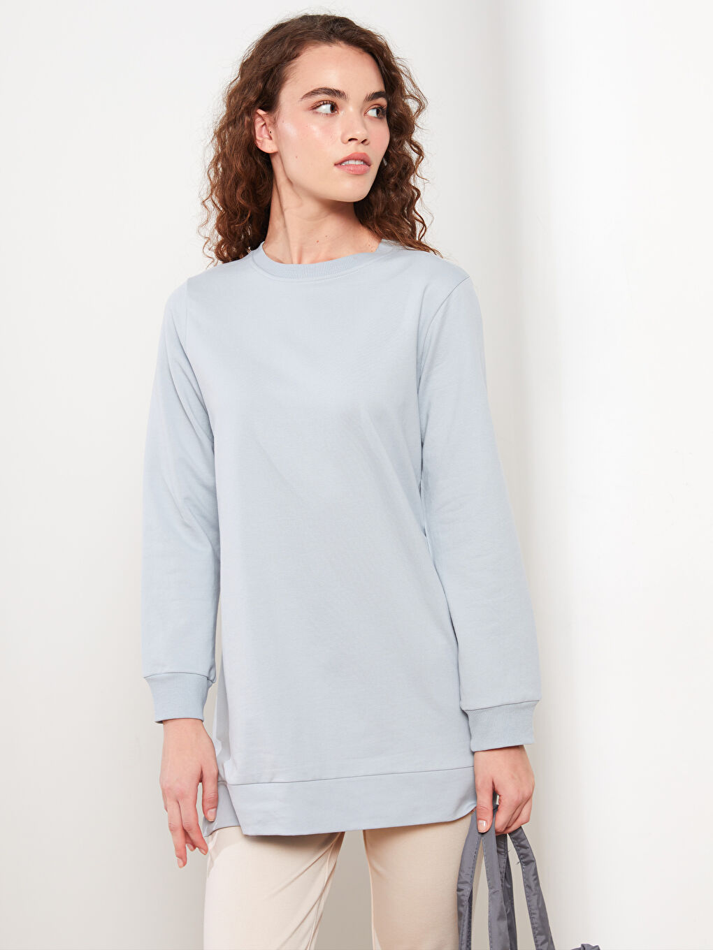 Mavi Bisiklet Yaka Düz Uzun Kollu Kadın Sweatshirt Tunik-1