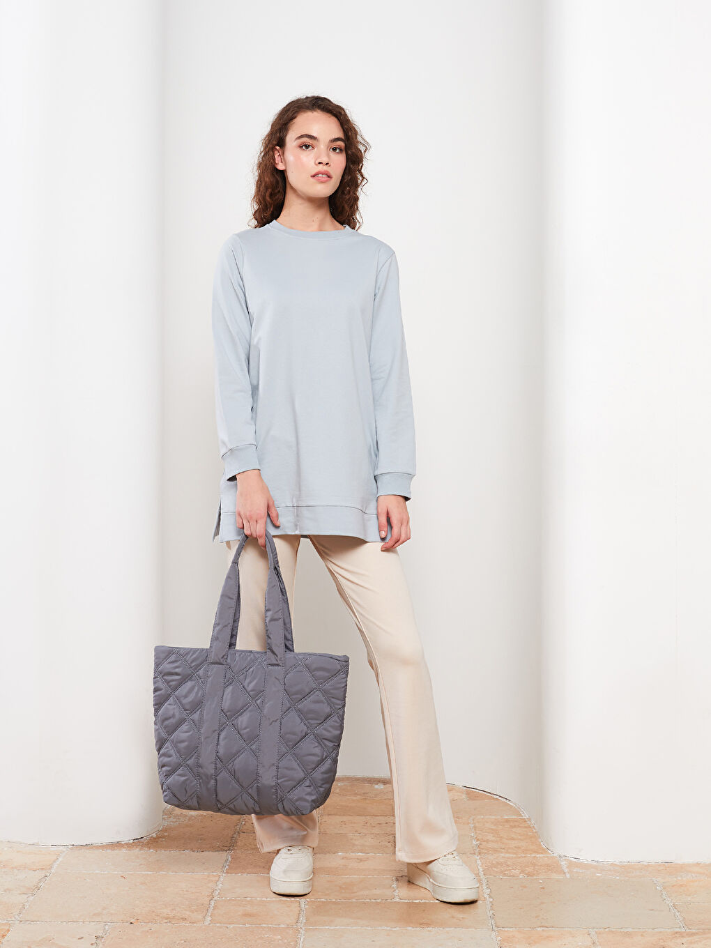 Mavi Bisiklet Yaka Düz Uzun Kollu Kadın Sweatshirt Tunik-2