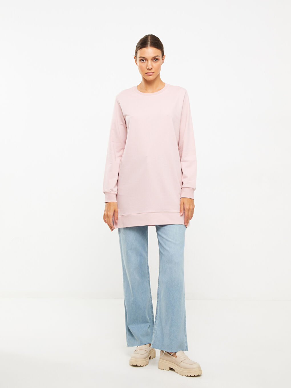 Crew Neck Plain Long Sleeve Women's Sweatshirt Tunic-1