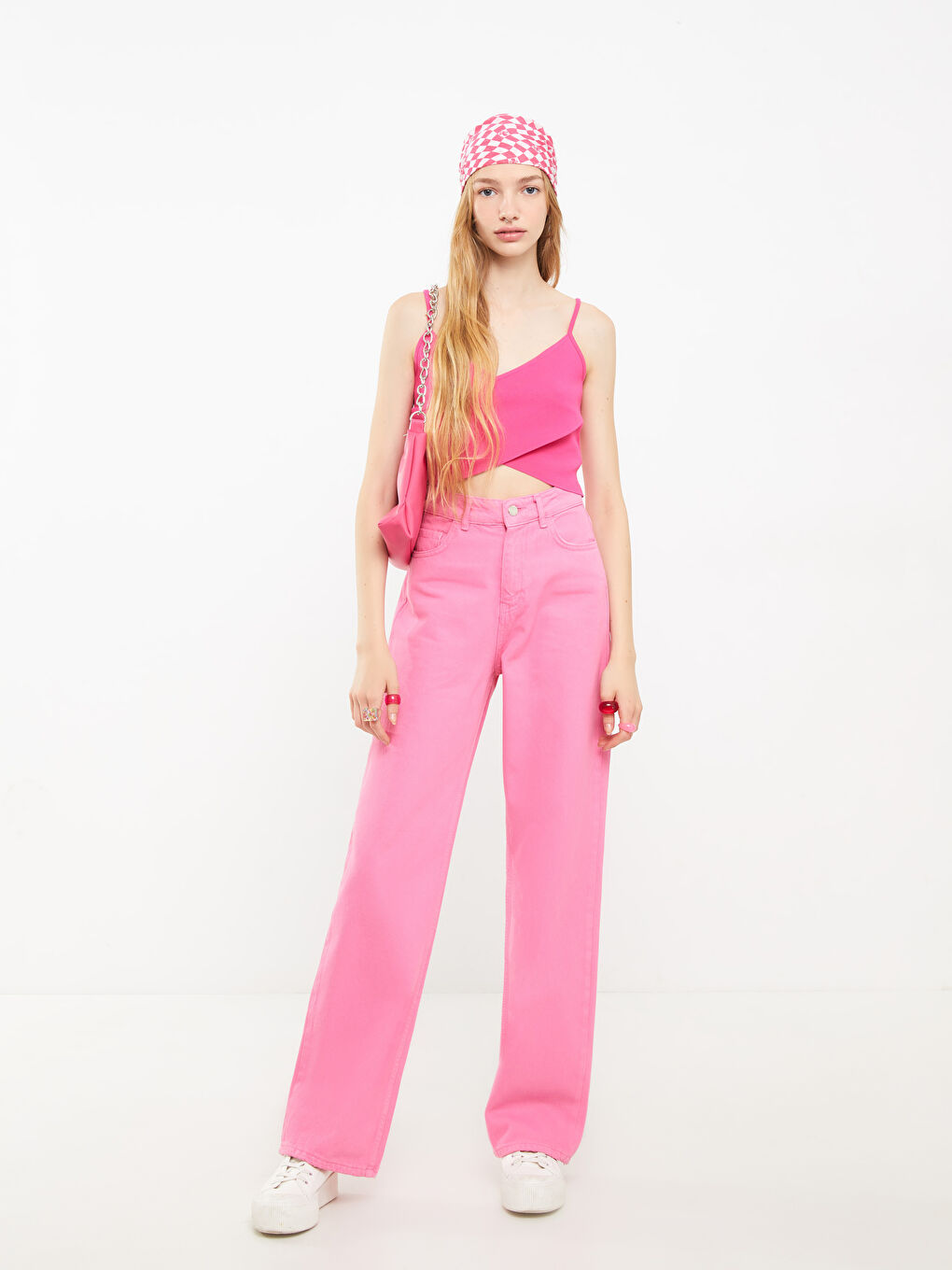 Pembe Standart Fit Düz Geniş Paça Kadın Jean Pantolon