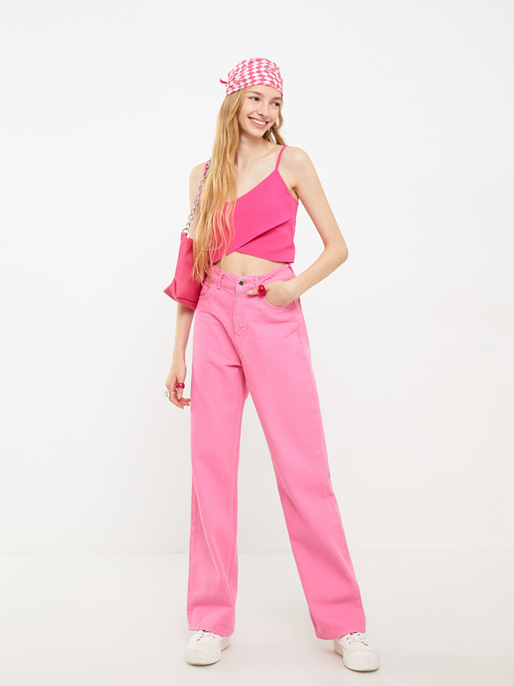 Pembe Standart Fit Düz Geniş Paça Kadın Jean Pantolon-1