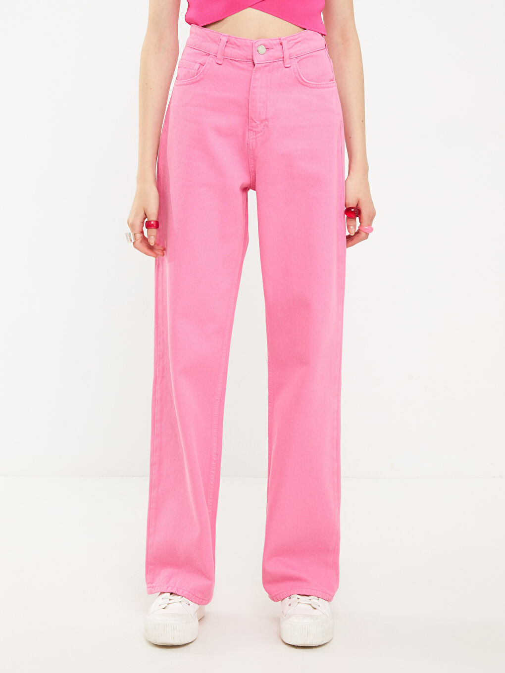 Pembe Standart Fit Düz Geniş Paça Kadın Jean Pantolon-3