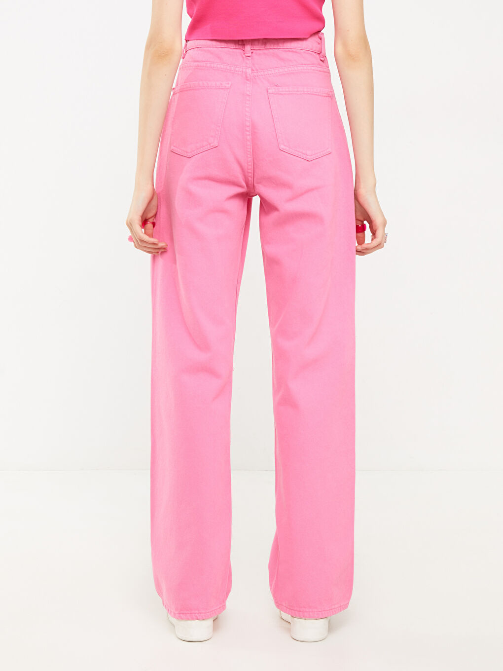 Pembe Standart Fit Düz Geniş Paça Kadın Jean Pantolon-4