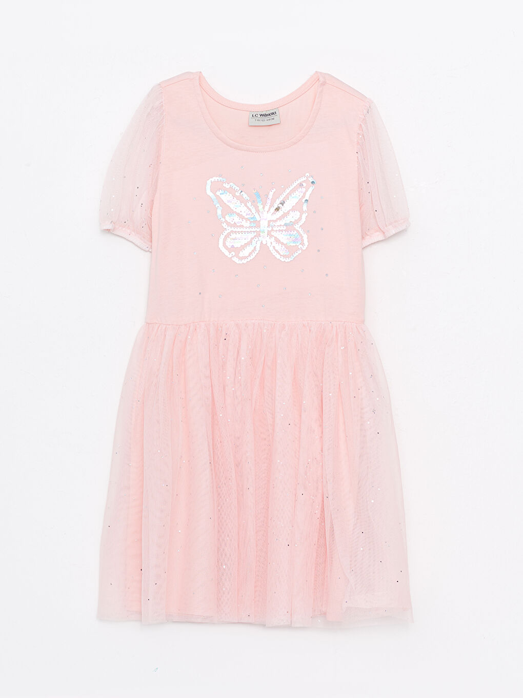 Pembe Bisiklet Yaka Pul İşlemeli Kısa Kollu Kız Çocuk Elbise