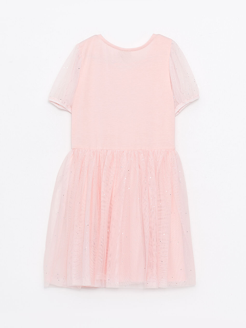 Pembe Bisiklet Yaka Pul İşlemeli Kısa Kollu Kız Çocuk Elbise-1