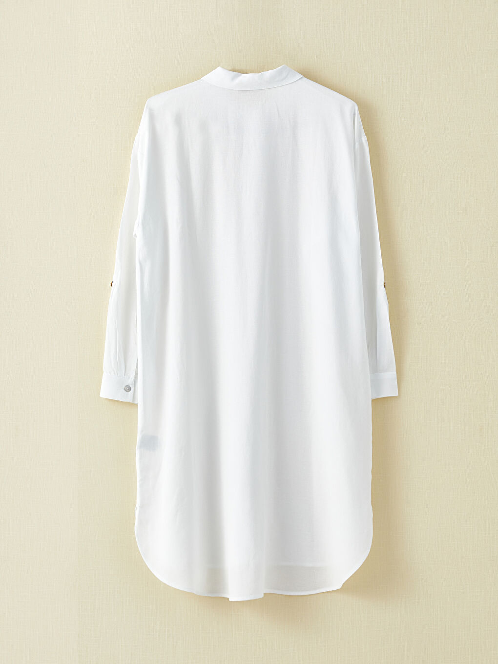 Beyaz Düz Uzun Kollu Kadın Gömlek Elbise-6