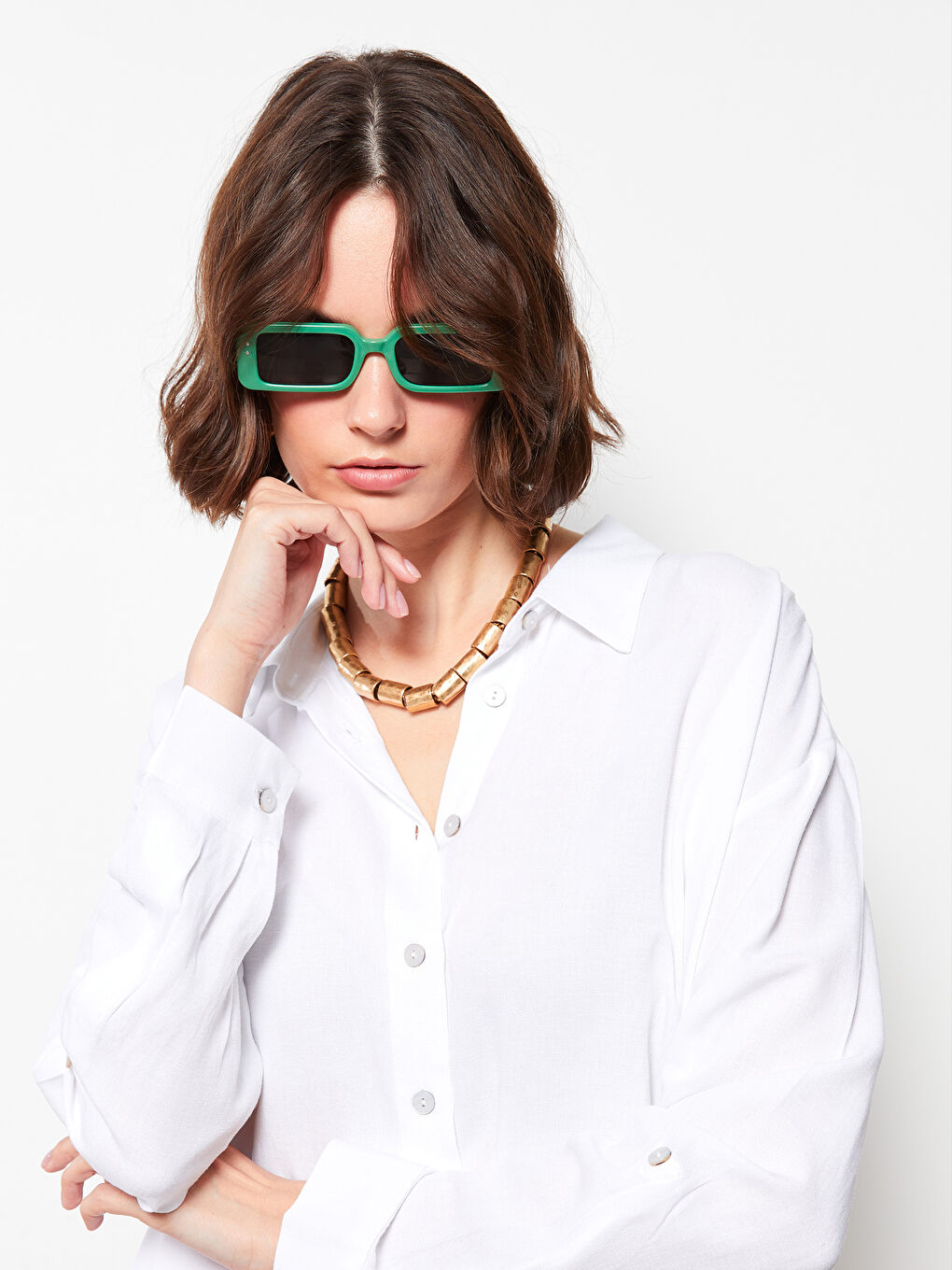 Beyaz Düz Uzun Kollu Kadın Gömlek Elbise-2