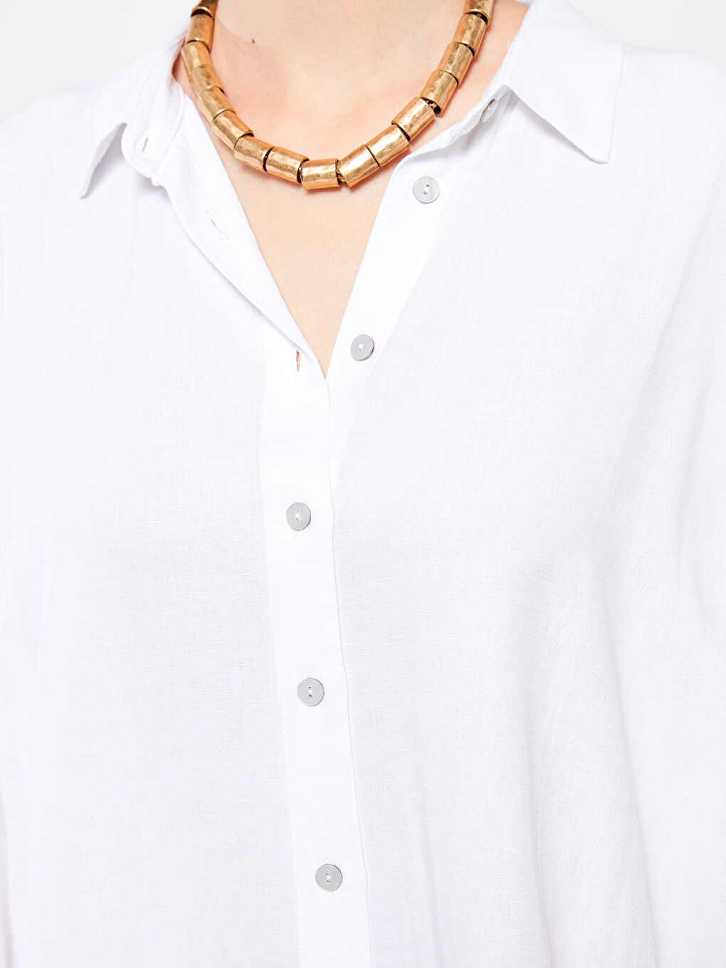 Beyaz Düz Uzun Kollu Kadın Gömlek Elbise-3