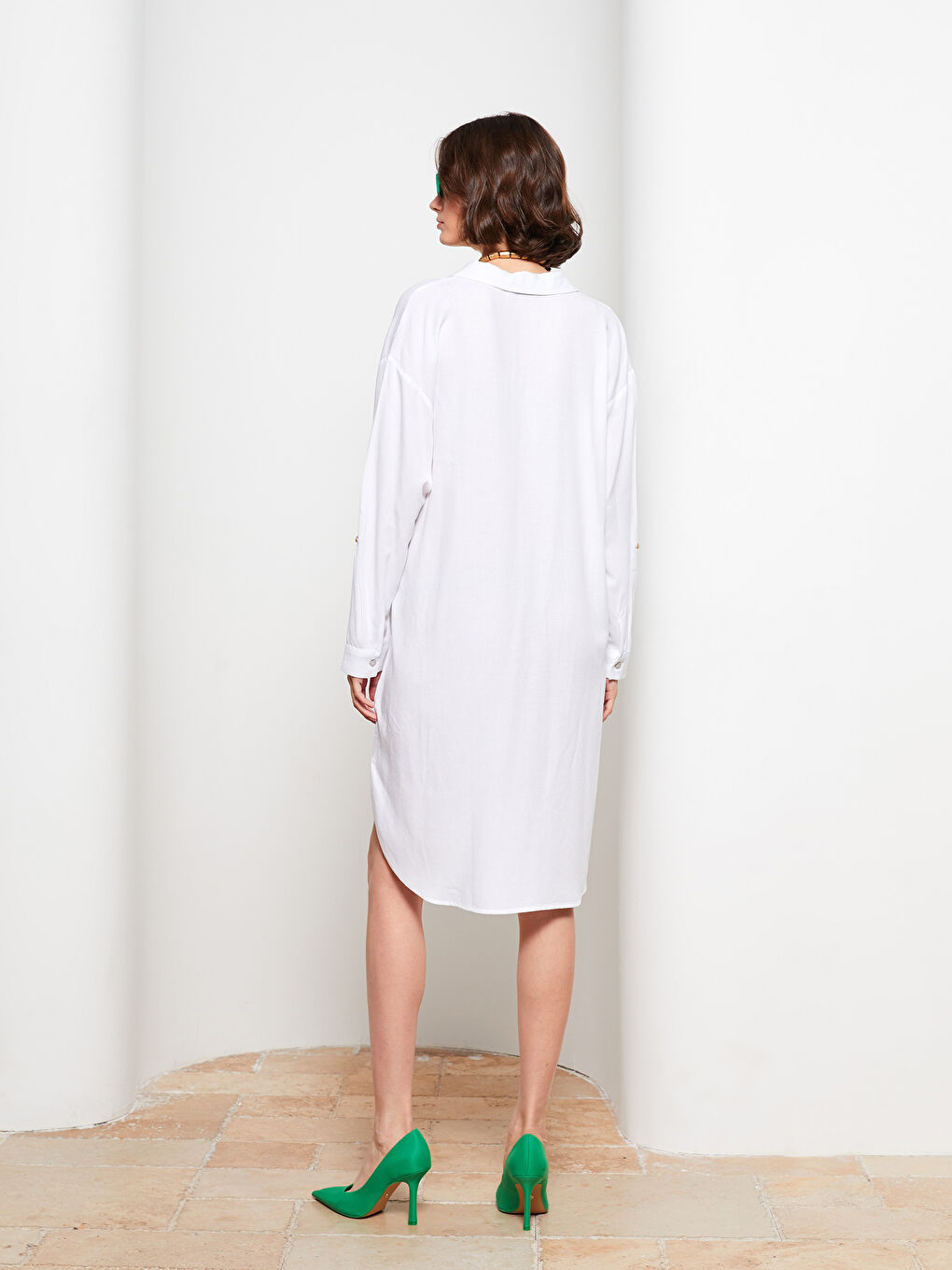Beyaz Düz Uzun Kollu Kadın Gömlek Elbise-4