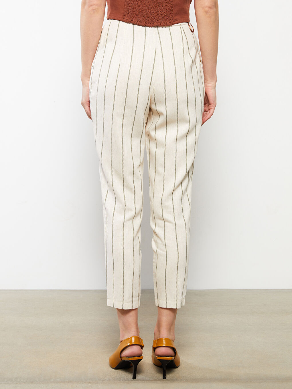 Yeşil Standart Fit Çizgili Viskon Kadın Pantolon-4