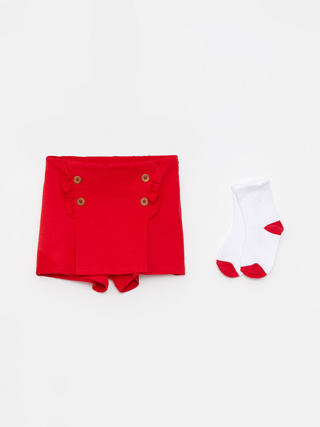 Kırmızı Beli Lastikli Kız Bebek Şort Etek ve Çorap 2'li Takım