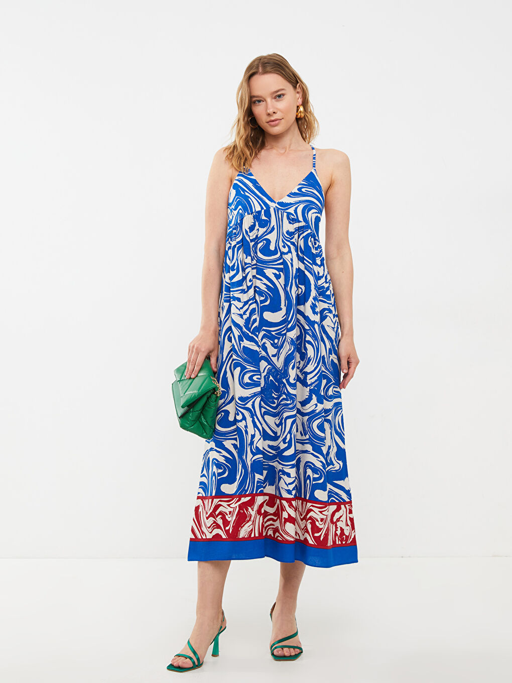 Turuncu V Yaka Desenli Askılı Kadın Elbise