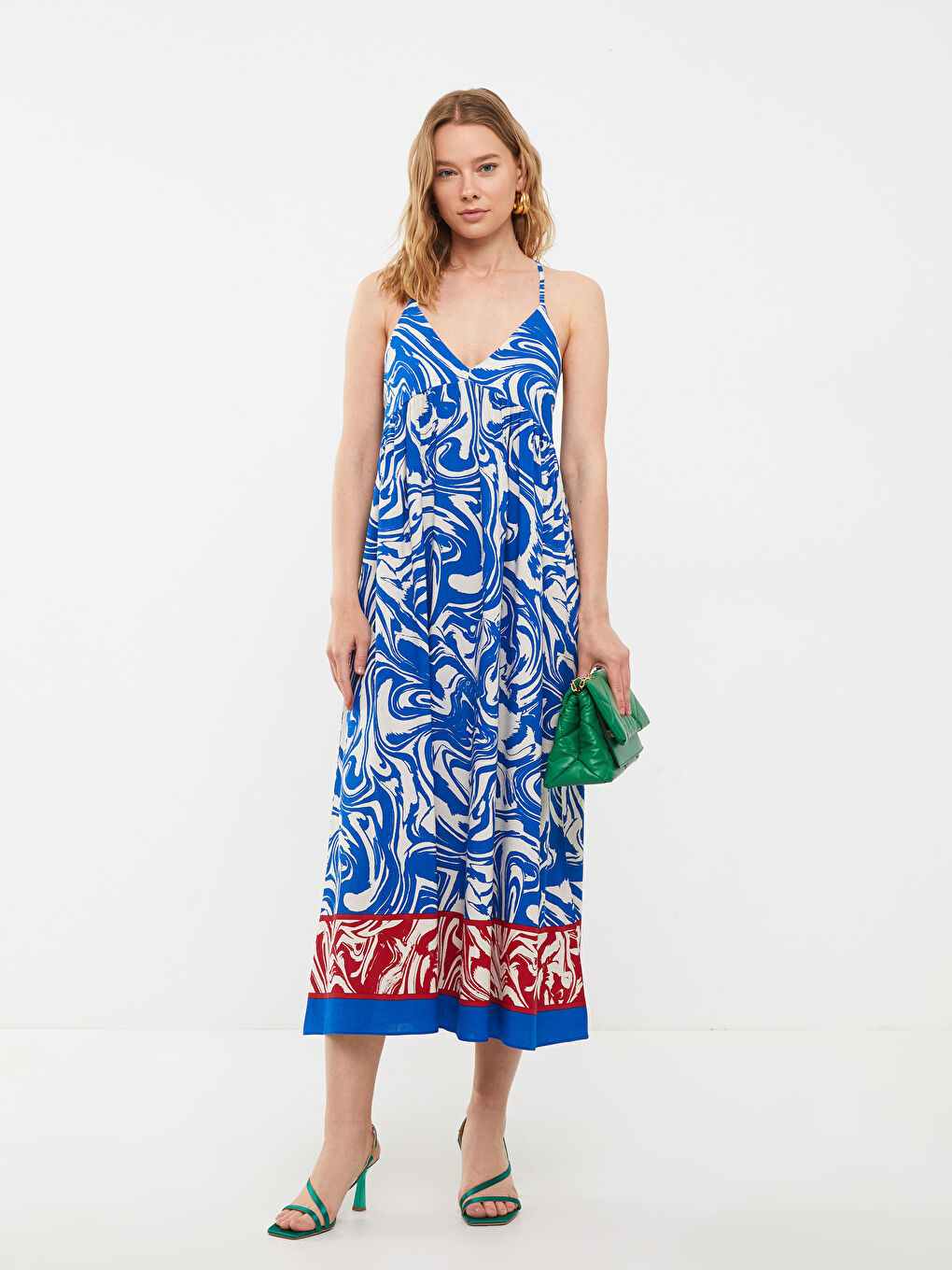 Turuncu V Yaka Desenli Askılı Kadın Elbise-1