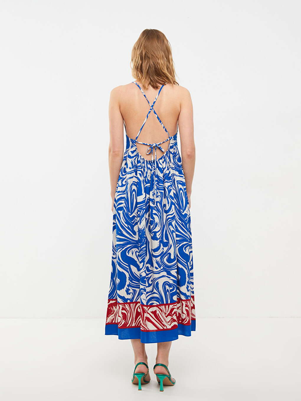 Turuncu V Yaka Desenli Askılı Kadın Elbise-4