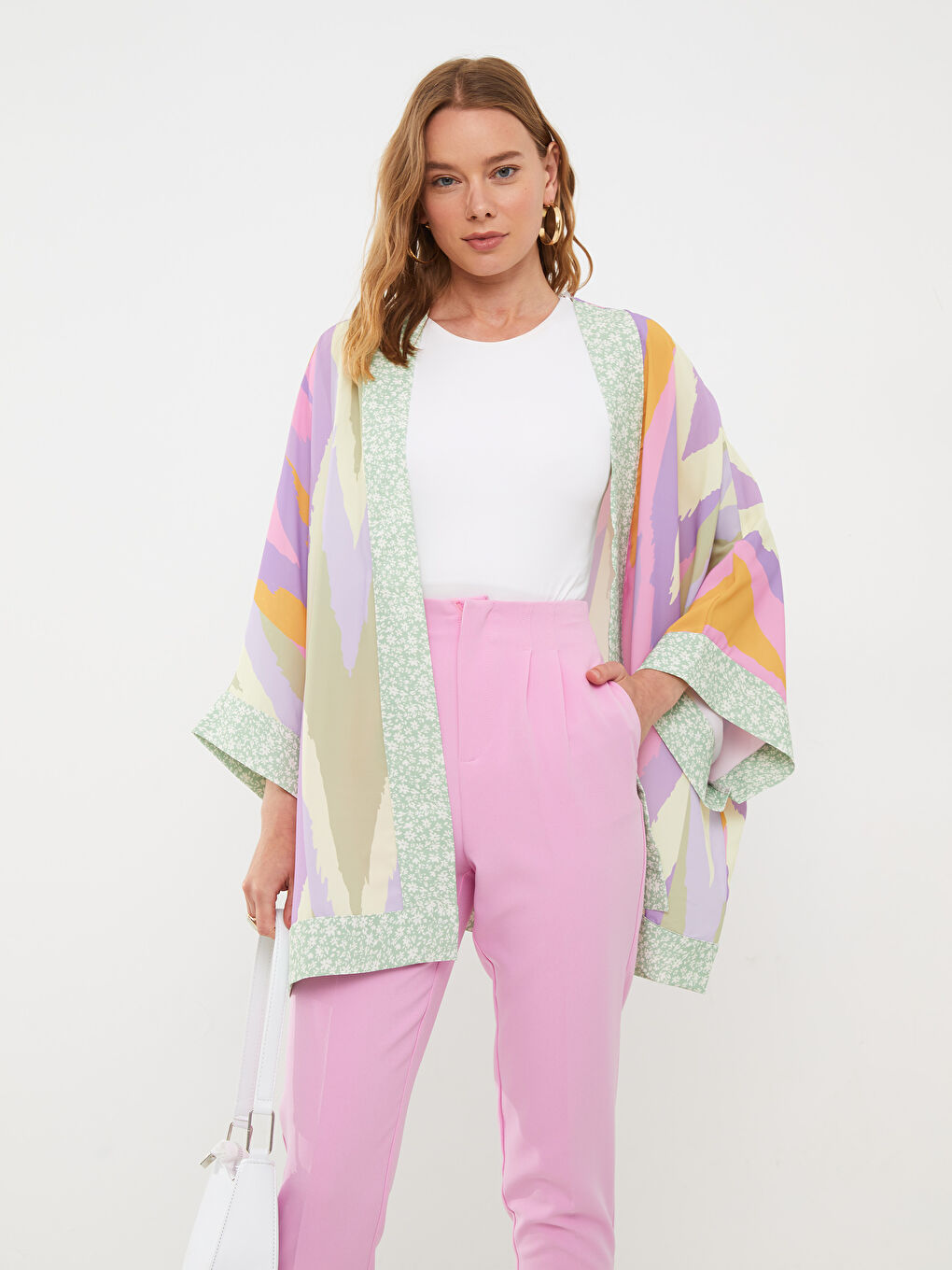 Lila Şal Yaka Desenli Uzun Kollu Kadın Kimono-2